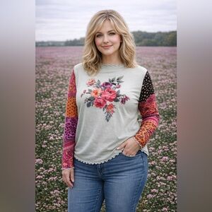 SHEIN sz XL mesh long sleeve flowers roses colorful sleeve pattern super cute